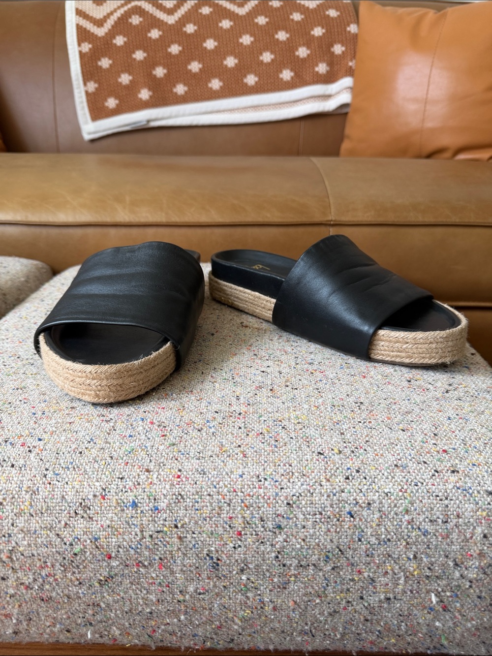 Beek Black Leather Espadrille Slide Mules